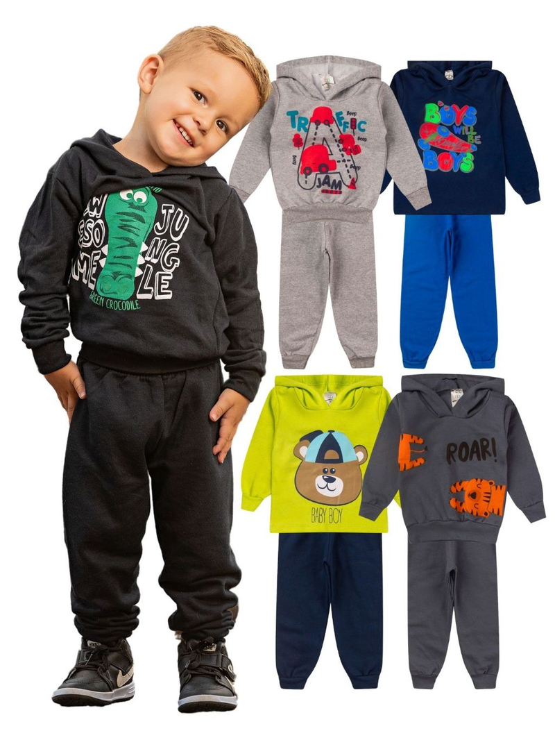 Kit 4 Peças Conjunto Moletom Infantil Menino Masculino Inverno Com Capuz Outono