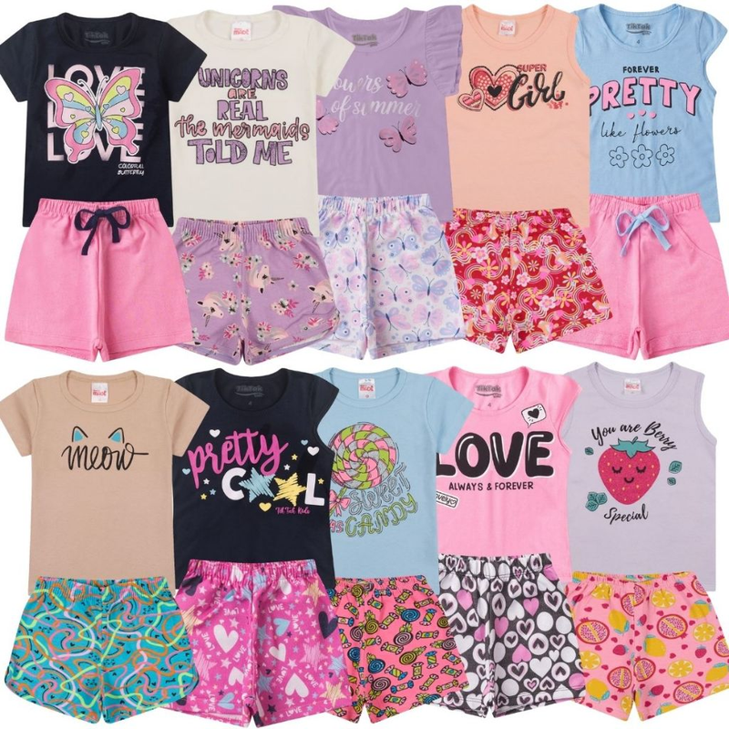 Kit 6 Peças de Roupas Infantil Menina Conjunto Verão Algodão