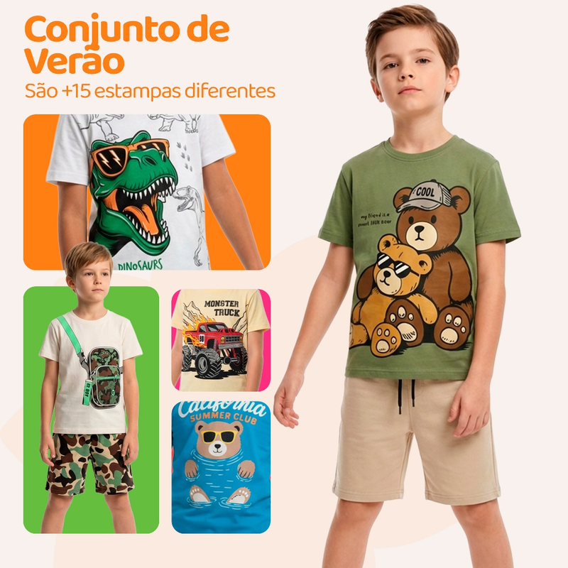 Kit Sortido 10 ou 4 Peças de Roupas Infantil Menino- 5 Camisetas + 5 Bermudas - Kit 5 Conjuntos de Roupa Verão Masculino