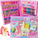 Maleta de Pintura infantil 150 peças unicórnio - Kit Escolar Menina para Desenho Grande Rosa Premium para Colorir Brinca